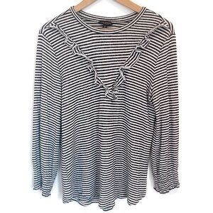 Lucky Brand Western Knit Long Sleeve Ruffle Top, Black & White Striped - Size M